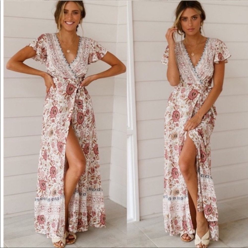Boho gypsy white Floral Wrap midi Dress 90s - Picture 1 of 5